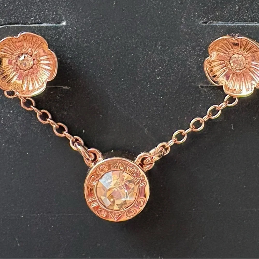 Coach Floral Crystal Pendant Necklace Rose Gold Tone Tea Rose Style